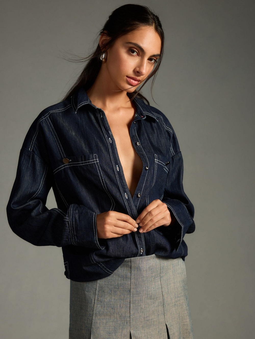 Pilcro by Anthropologie Oversized Dark Denim Shirt with Contrast Stiching